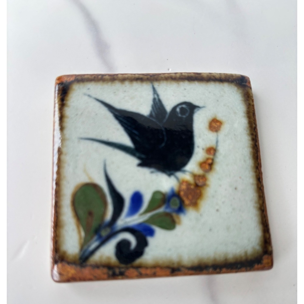 Tonala Mexican Pottery Tile Hand Painted Bird Floral Folk Art 2x2